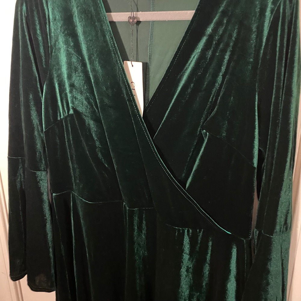 Club L London Green Velvet Wrap Dress Long Sleeve Party Cocktail US 14 - Picture 3 of 6